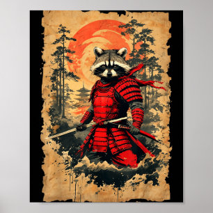 Poster Guerreiro Guaxinim Samurai Japonês Estilo Vintage