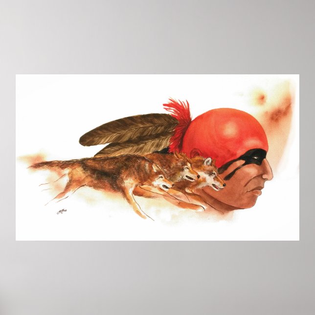 Poster Guerreiro Indígena do Lobo Americano Clã Cherokee (Frente)