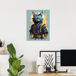 Poster Guerreiro Ninja Gato Cinza com ChSplash de Fogo Le