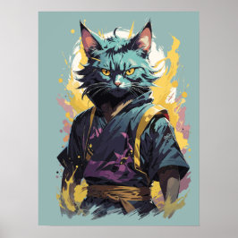 Poster Guerreiro Ninja Gato Cinza com ChSplash de Fogo Le