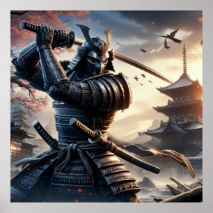 Poster Guerreiro Preto Samurai em Armadura Tradicional