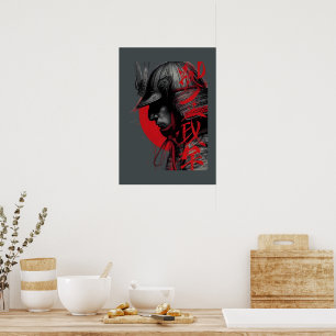 Poster Guerreiro Samurai Arisco Tinta Japonesa Sol Vermel