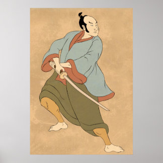 Poster guerreiro samurai com luta de espadas katana