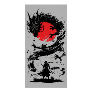 Pôster Guerreiro Samurai e Batalha de Dragão