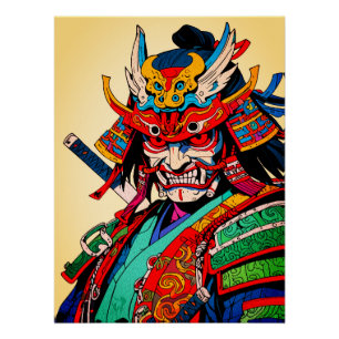 Pôster Guerreiro Samurai Feroz – Colorido Bushido Japonês
