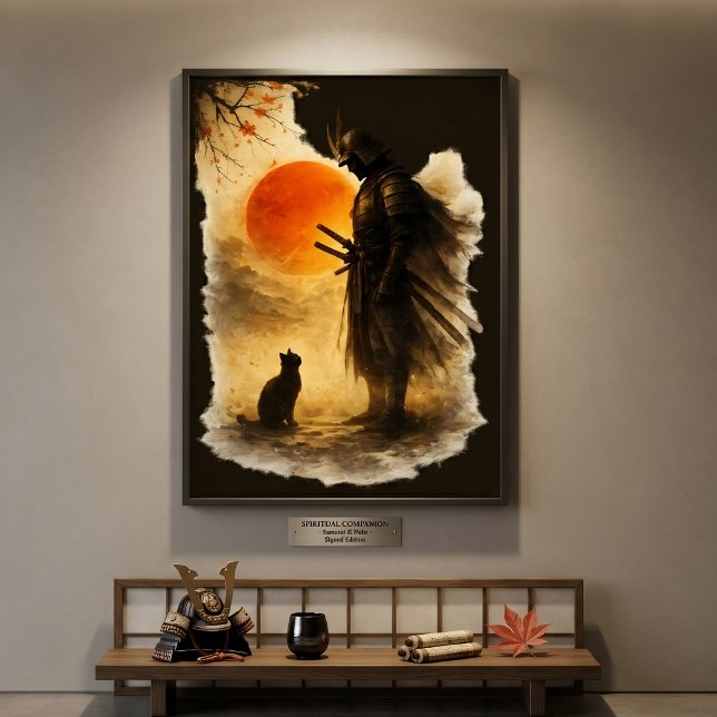 Poster Guerreiro Samurai Japonês & Gato Preto Sob Lua de  (Criador carregado)
