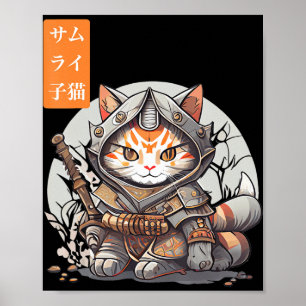 Poster Guerreiro Samurai Japonês Kawaii Cat Anime Lover