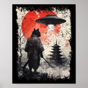 Poster Guerreiro Samurai Ninja Gato Sumi-e Ovni Ukiyo-e F