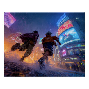 Pôster Guerreiros de Anime Cyberpunk Luta na Chuva