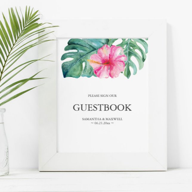 Poster Guestbook de Casamento com Flor de Hibisco Rosa Tr (Wedding guest book sign features watercolor pink hibiscus flower and monstera palm leaves )