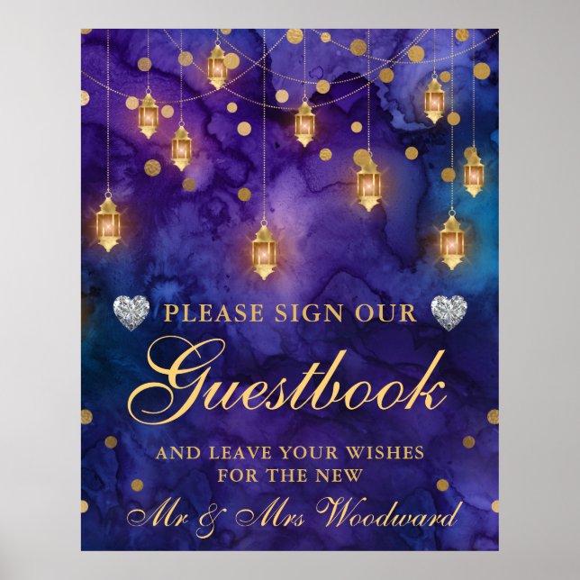 Poster Guestbook de Casamento com Lanterna Roxo e Azul (Frente)