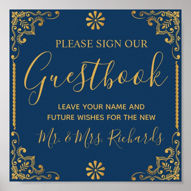 Poster Guestbook de Casamento de Quadro Dourado Azul-Mari (Frente)