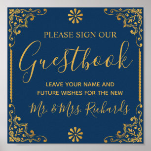 Poster Guestbook de casamento do quadro azul-Marinho Eleg