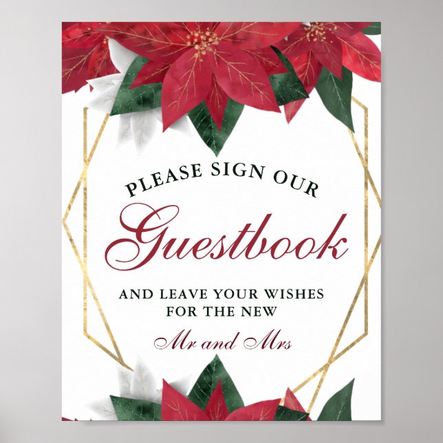 Poster Guestbook de Casamento Floral de Poinsettia Vermel (Frente)