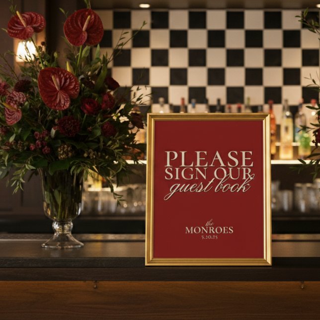 Poster Guia de Casamento Vermelho Clássico de Script Eleg (Invite guests to leave their love and well wishes with this Old Money Red Wedding Guestbook Sign!)