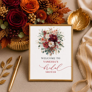 Poster Guia de chá de bebê floral burgundy boêmio elegant