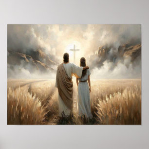 Poster Guiada pela Fé, Arte Cristã, Jesus e Mulher,