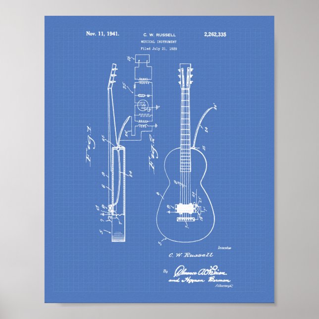 Pôster Guitar 1941 - Patent Art Blueprint (Frente)