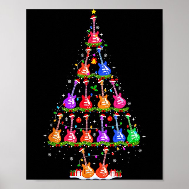 Poster Guitar Christmas Tree Lights Funny Xmas Pajamas Gu (Frente)