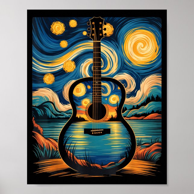 Poster Guitar Lake Starry Night Music Guitarist Van Gogh  (Frente)
