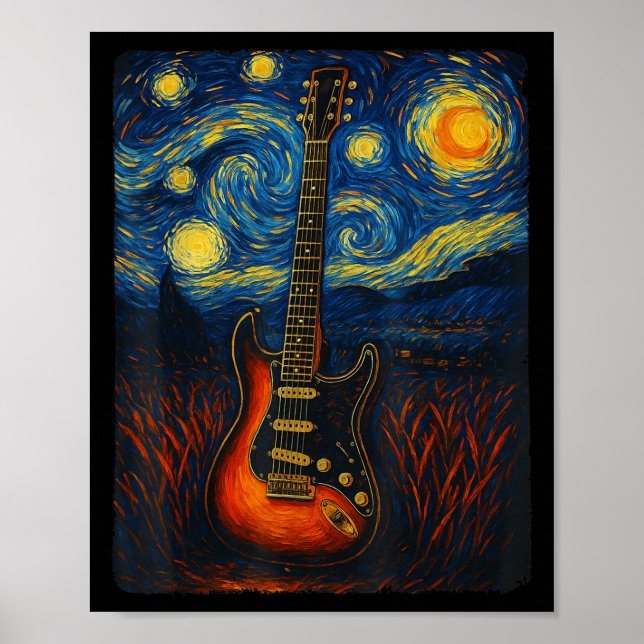 Poster Guitar Starry Night Van Gogh Guitarist Rock And Ro (Frente)