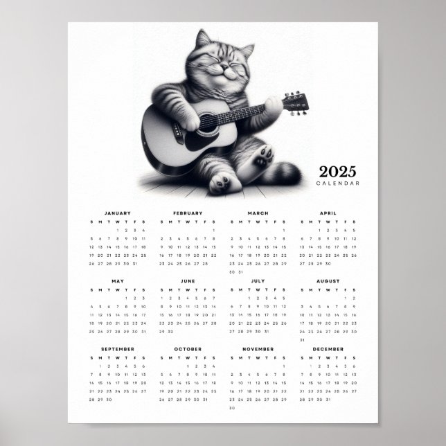 Poster Guitarista Cat 2025 Calendar Musical Feline Fine (Frente)