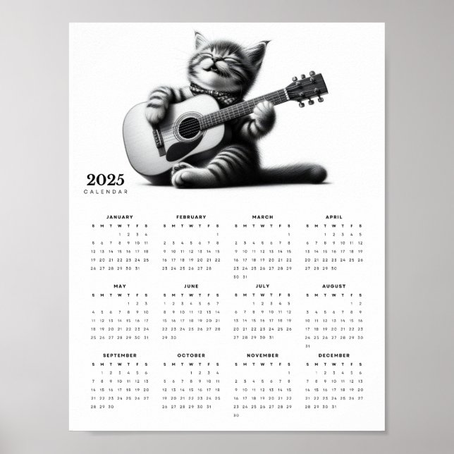 Poster Guitarista Gato Bonito Vestindo um Calendário do S (Frente)