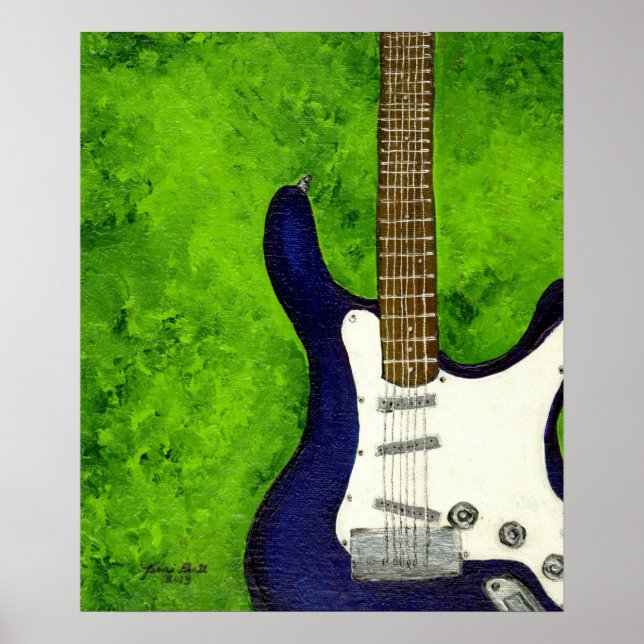 Poster guitarra abstrato azul com fundo verde (Frente)