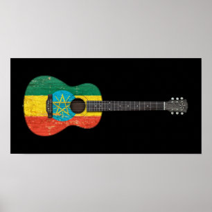 Pôster Guitarra acústica da bandeira etíope gasta, pret