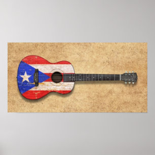 Pôster Guitarra acústica da bandeira gasta de Puerto Ric