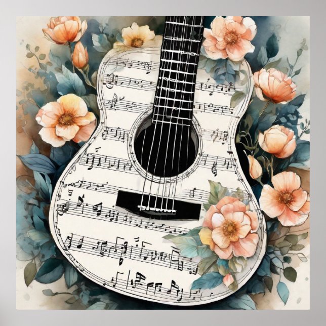 Poster Guitarra Acústica De Música Em Flores De Pêssego (Frente)