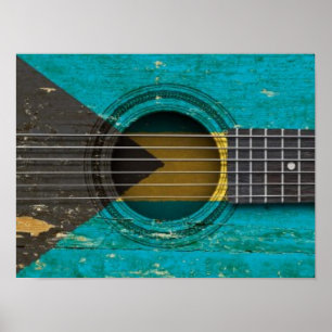 Pôster Guitarra acústica velha com bandeira de Bahamas