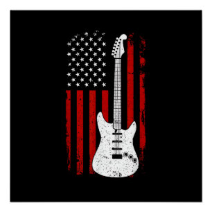 Pôster Guitarra Americana Bandeira dos EUA Tocador de Mús