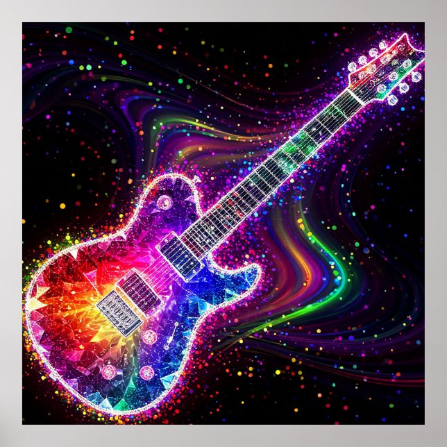 Poster Guitarra Elétrica Arco-Íris Vibrante Com Abstrato (Frente)