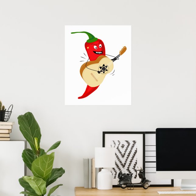 Poster Guitarra Tocando Pimenta Chili, Cartum Engraçado (Escritório em casa)