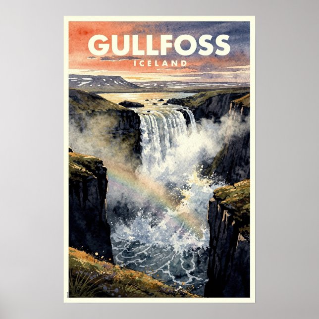 Poster Gullfoss Islândia Viagem Vintage (Frente)