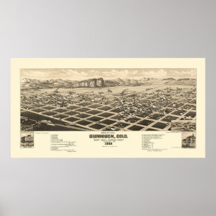 Poster Gunnison, mapa panorâmico do CO - 1882