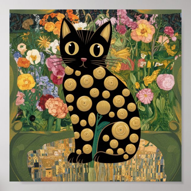 Poster Gustav Klimt Floral Black Cat Moderna Arte Eclétic (Frente)