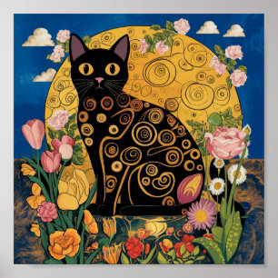 Poster Gustav Klimt Floral Gato Preto, Arte Moderna Eclét