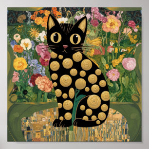 Poster Gustav Klimt Floral Gato Preto Arte Moderna Ecléti