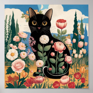 Poster Gustav Klimt Floral Gato Preto Arte Moderna Ecléti