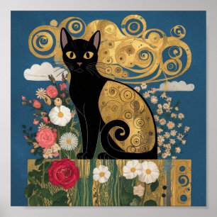 Poster Gustav Klimt Floral Gato Preto, Arte Moderno Eclét