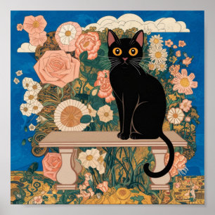 Poster Gustav Klimt Floral Gato Preto Arte Vintage Altera