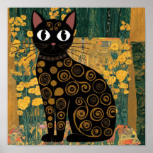 Gustav Klimt Floral Gato Preto Arte Vintage Altera