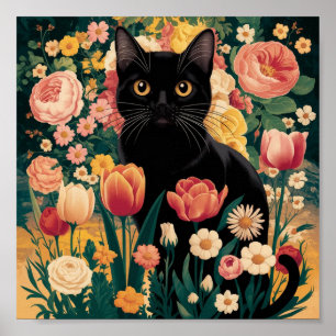 Poster Gustav Klimt Floral Gato Preto, Vintage Eclectico
