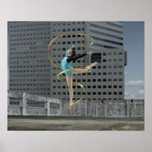 Pôster Gymnast da mulher fora no telhado que salta no ar