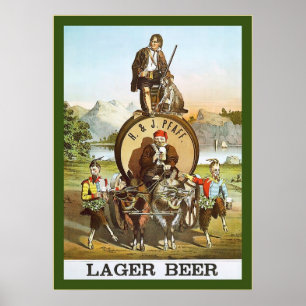 Pôster H. & J. Lager Beer ~ 1870s ~ Publicidade Vintage