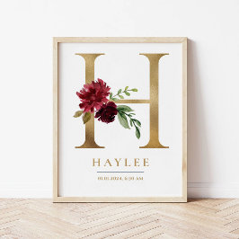 Poster H - Letra Monograma Nome Marsala Floral Nursery