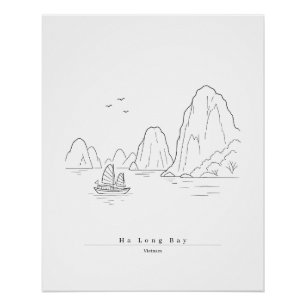 Pôster Ha Long Bay Vietnã Arte de Linha Minimalista Viage