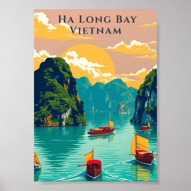 Poster Ha Long Bay Vietnã Barcos Tradicionais Cênicos (Frente)